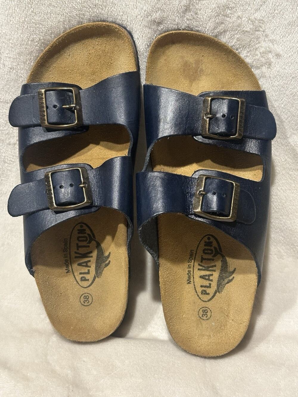 Plakton Women's Sz 38 Blue Leather Comfort Slip On Slide Sandals Beach Vacation